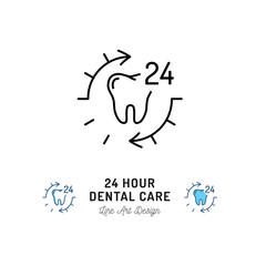 24 Hour Dental Care, Tooth icon. Stomatology Dental care thin line art icons, Vector illustration
