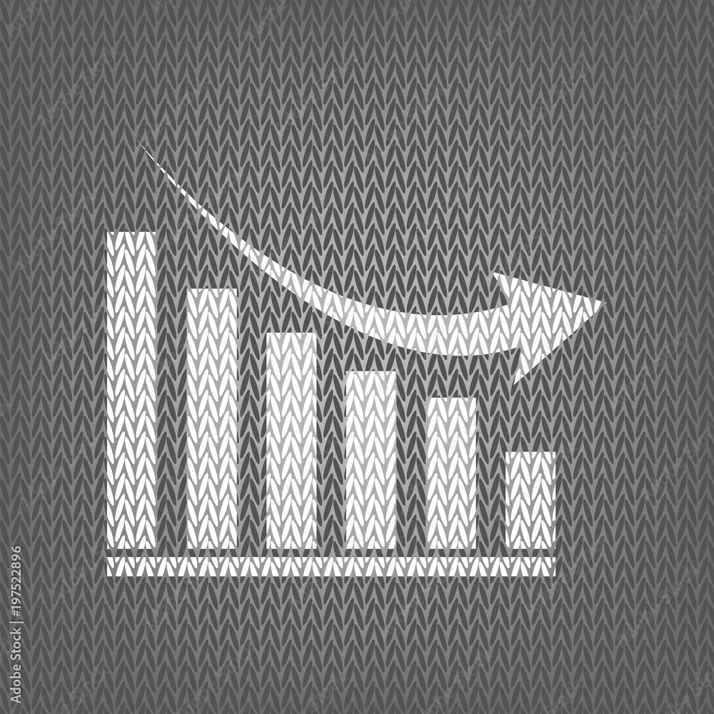 Poster declining graph sign. vector. white knitted icon on gray knitted