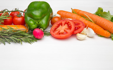 Variety of vegetables, on the white wooden table, top view, copy space, selective focus