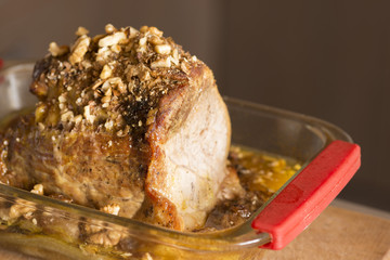 roasted meat with raisin nuts and onions