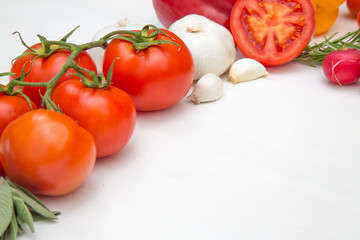 Variety of vegetables, on the white wooden table, top view, copy space, selective focus