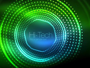 Magic neon circle shape abstract background, shiny light effect template for web banner, business or technology presentation background or elements, vector illustration
