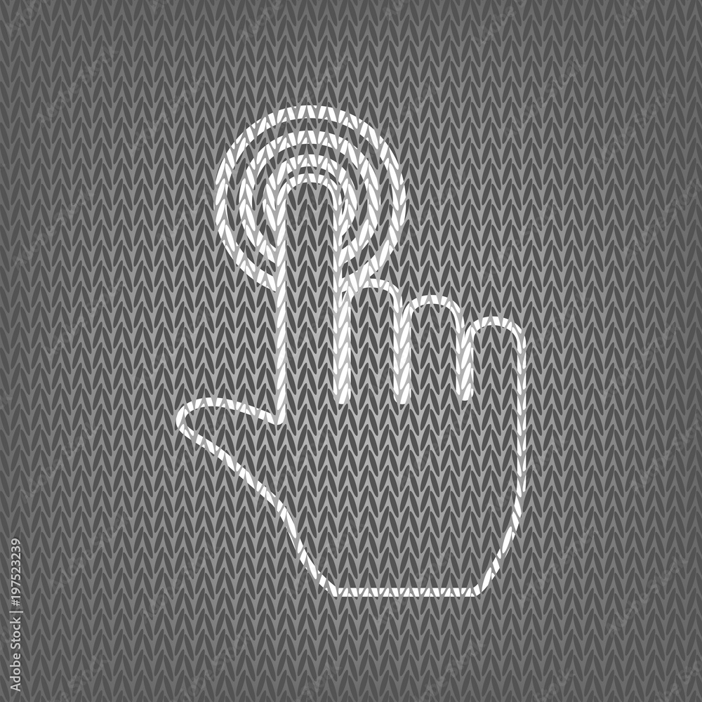 Poster hand click on button. vector. white knitted icon on gray knitted