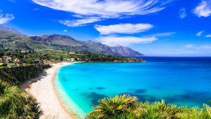 Italian holidays .Best beaches of Sicily island - Scopello. Italy summer destinations - obrazy, fototapety, plakaty