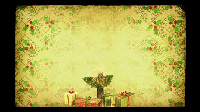 Magical Growing Christmas Tree with loop section between 17:00-26:00. Old-fashioned grunge style. In 4K and HD.