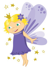 Little Cute Purple Fairy With Blonde Hair Magical Sparkle Cartoon Isolated on White Vector Illustration