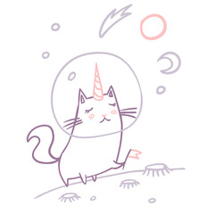 Space cat unicorn travel. Standing on planet exploring universe. Cute kids fashion t shirt design. Cartoon illustration.