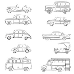 Collection with retro car in cartoon style. Color vintage retro auto. Classic car drawn set outline - 197524849