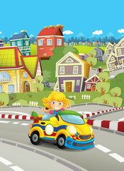 Fototapeta premium cartoon funny and happy looking child - girl in racing car on race track - illustration for children