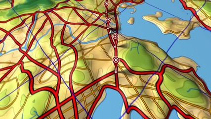GPS road map loop. Following a vehicle along a route marked by global positioning system way-points. 