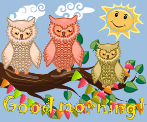 Two bright, cartoon, lovely, colorful owl-girls drink coffee on a flowering branch of a tree. Morning, breakfast
