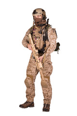 Special forces soldier with rifle on white background. army, military and people concept