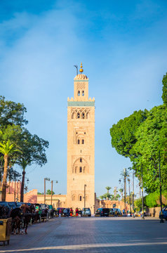 Koutoubia Mosque minaret in old medina  of Marrakesh, Morocco