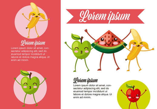 Red Green Cute Fruit Character Kids Infographic Sticker Set