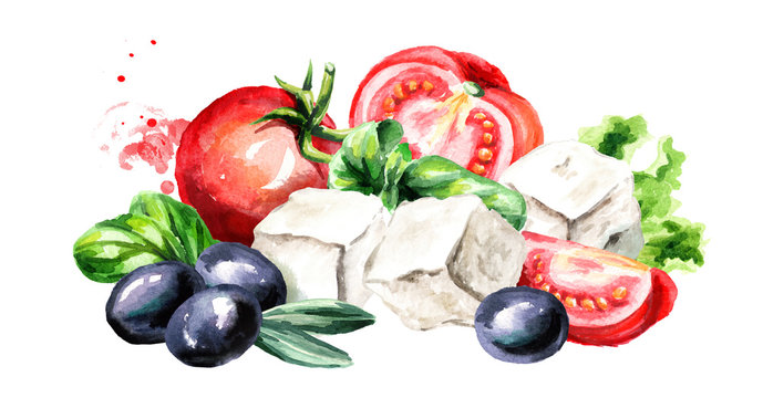 Greek feta cheese cubes with olives and tomatoes. Watercolor hand drawn illustration, isolated on white background