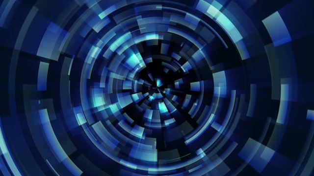 Blue techno animation. Loop between 6:00-18:00. Abstract concentric circles; could represent digital scan, radar, camera lens aperture, high-tech interface, or other science / technology. 4K and HD.