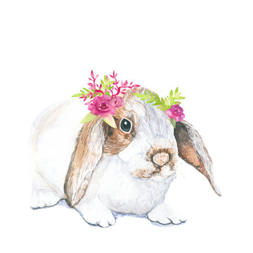 Rabbit with flowers. Watercolor illustration. Boho style , Easter, animal invitations, cards.