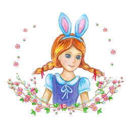 Fototapeta premium Funny cartoon girl in Easter bunny costume. Spring flower frame. Watercolor illustration on white background. Vintage. 