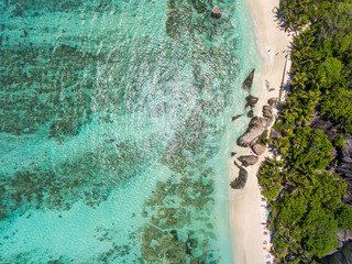 Coastline of La Digue Island, Seychelles aerial overhead view