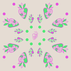 Strawberry pattern , leaves, spirals. Hand drawn.