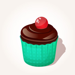 Colorful tasty chocolate cupcake with jelly ball in cartoon style isolated on white background. Vector illustration. Desserts Collection.