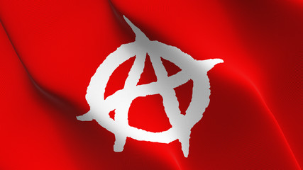Anarchy Symbol white red flag waving loop. Anarchy Symbol white on red flag blowing on wind.