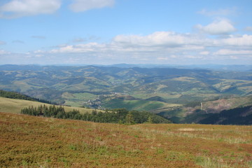 Panorama of the Carpathian mountains from the height of the alpine meadow.