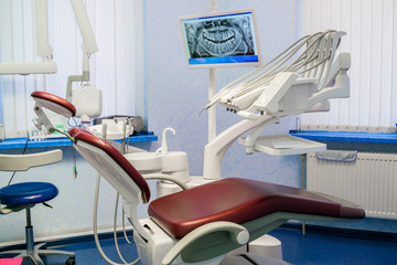 Dental office. Equipment for dentistry. The dentist's workplace. The monitor on which the x-ray of the jaw is displayed.