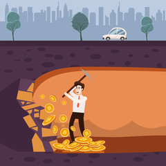 Cryptocurrency concept with businessman miner and coins. Young man with shovel and pickaxe working in bitcoin mine,cartoon sryle, isolated