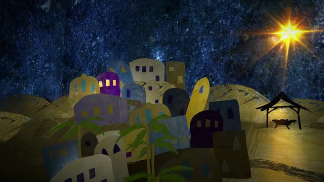 Silent Night. Christmas nativity animation. The last 10 seconds are a loop. Mixed media collage style, using fabric, photography and paint. In 4K and HD.
