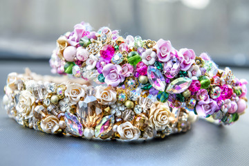 Jewelry for hair with beads and polymeric flowers, crowns