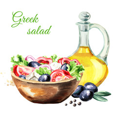 Greek salad with fresh vegetables, feta cheese and olive oil. Watercolor hand drawn illustration, isolated on white background