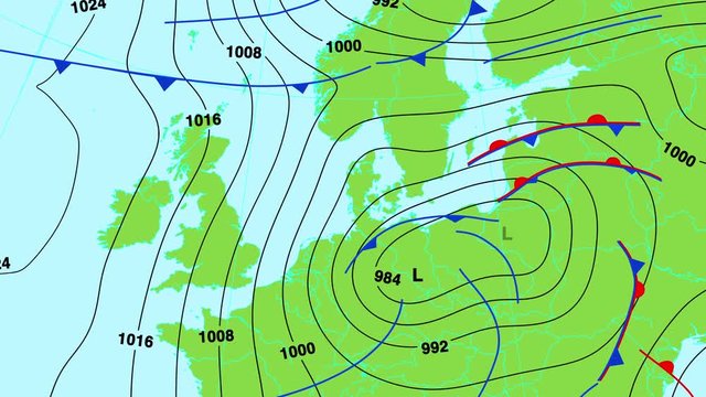 Animated weather forecast map of central and north Europe (Great Britain, Germany, France, Scandinavia etc) with isobars, cold and warm fronts, high and low pressure systems. In 4K and HD.