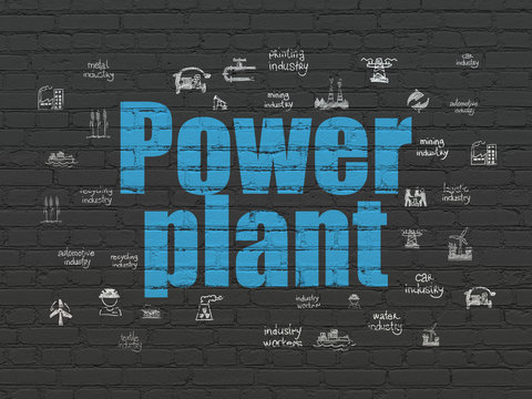 Manufacuring concept: Painted blue text Power Plant on Black Brick wall background with  Hand Drawn Industry Icons
