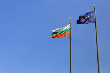 Bulgarian and European flag on wind