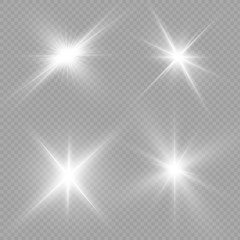 White glowing light explodes on a transparent background. Vector illustration. Bright Star. Set