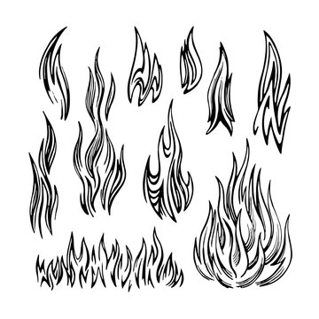 Flame Fire Set sketch. Black and white hand drawn image. 
