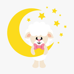 cartoon cute sheep white with tie and moon