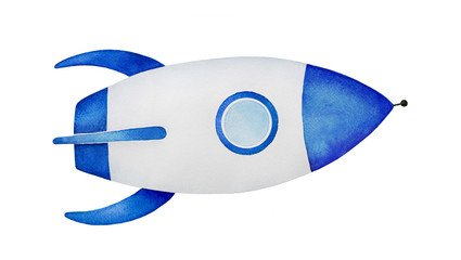 Rocket space ship illustration. White colored with blue decoration and round illuminator window. Futuristic, cosmic, light clip art. Handdrawn water colour paint on clean white backdrop, cut out.