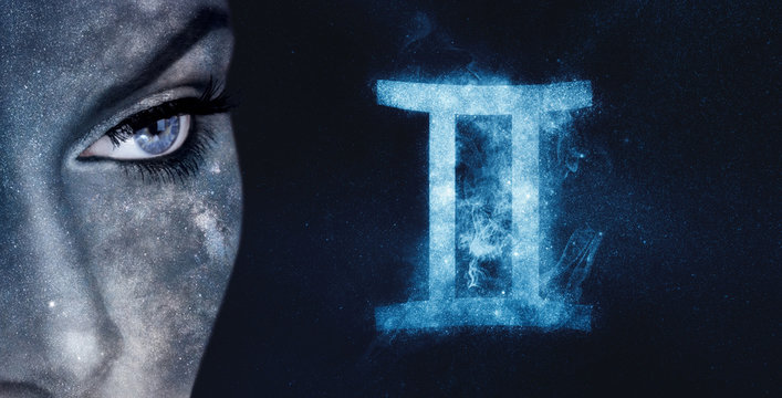 Gemini Zodiac Sign. Astrology women night sky background