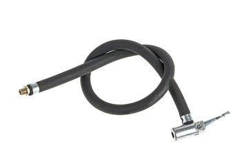 black hose for the pump knotted in a knot against a white background