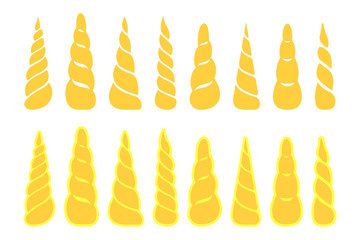 Collection of unicorn horns isolated on white background. Vector