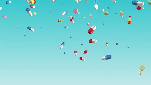 Pills and capsules falling. Loop section from 10:00 to 20:00, so you can have the pills falling for as long as you like. Blue gradient background. Medicine, medical, healthcare, pharmaceuticals.