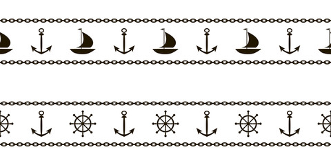 A set of marine patterns with ships, anchors, steering wheels and chains for tape and edging. Vector. © aisedora