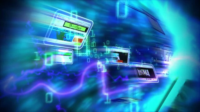 High-speed internet tunnel animation. Loop section between 5:00 and 25:00. Hand cursor clicks Go button and camera flies through a fiber-optic tunnel of web pages, code and binary data.