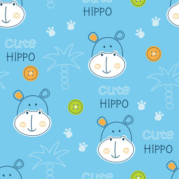 Cute hippo and palms seamless pattern
