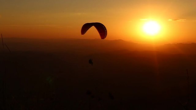paragliding with beautiful sunset background