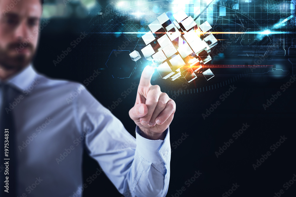 Poster innovation in the digital world. businessman pointing at abstract cubes shines. 3d rendering