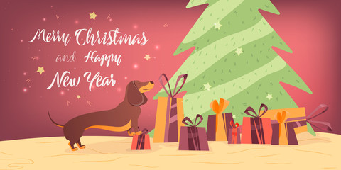 Dog and gifts near the Christmas tree Banner design template with congratulations Happy Christmas and New Year. 