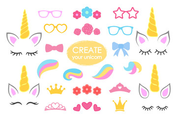 Create your own unicorn - big vector collection. Unicorn constructor. Cute unicorn face. Unicorn details - Horhs, eyelashes, ears, hairstyles, flowers, crowns, glasses, bows . Vector © chereliss